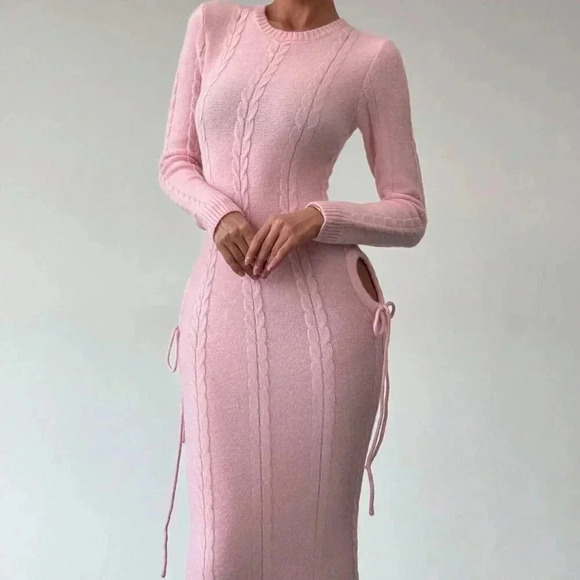 Pink Elegant Women's Warm Cinched Waist Knitted Dress - Picture 4 of 8